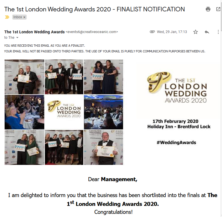 Vanity Awards Scam - The 1st London Wedding Awards 2020 - FINALIST NOTIFICATION
